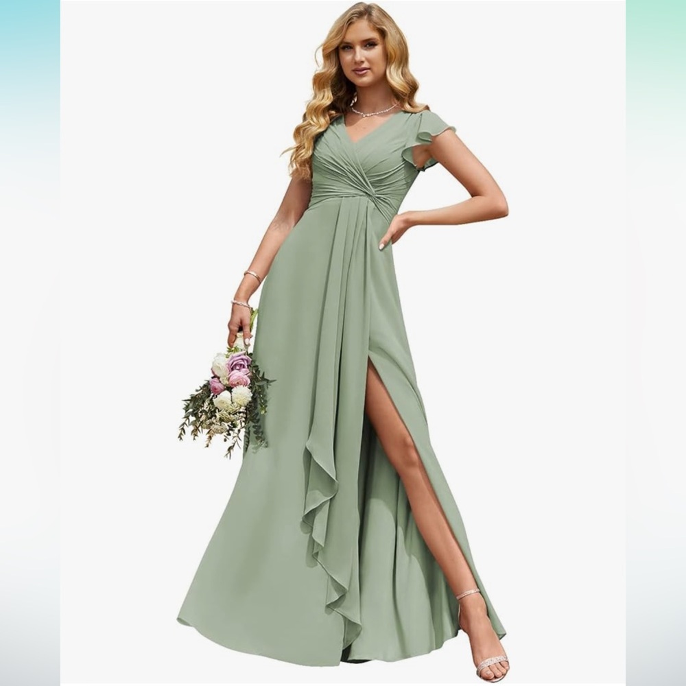 NWT Chiffon Bridesmaid Dress with Slit Sage Green
